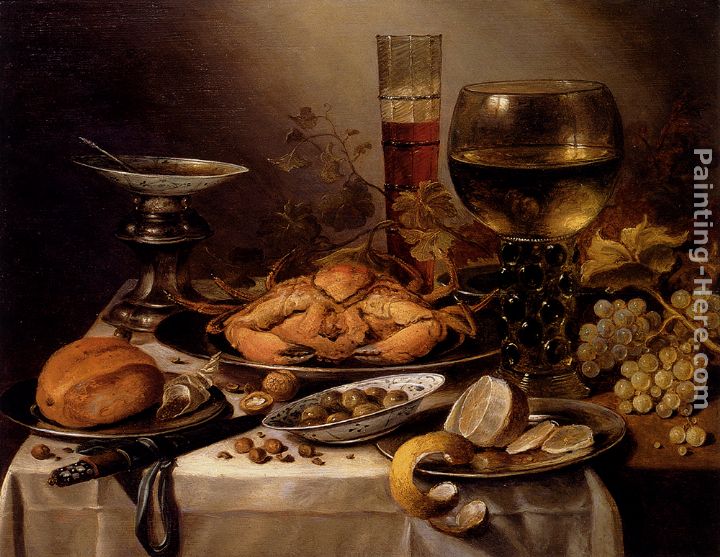 Banquet Still Life With A Crab On A Silver Platter, A Bunch Of Grapes, A Bowl Of Olives, And A Peeled Lemon All Resting On A Draped Table painting - Pieter Claesz Banquet Still Life With A Crab On A Silver Platter, A Bunch Of Grapes, A Bowl Of Olives, And A Peeled Lemon All Resting On A Draped Table art painting